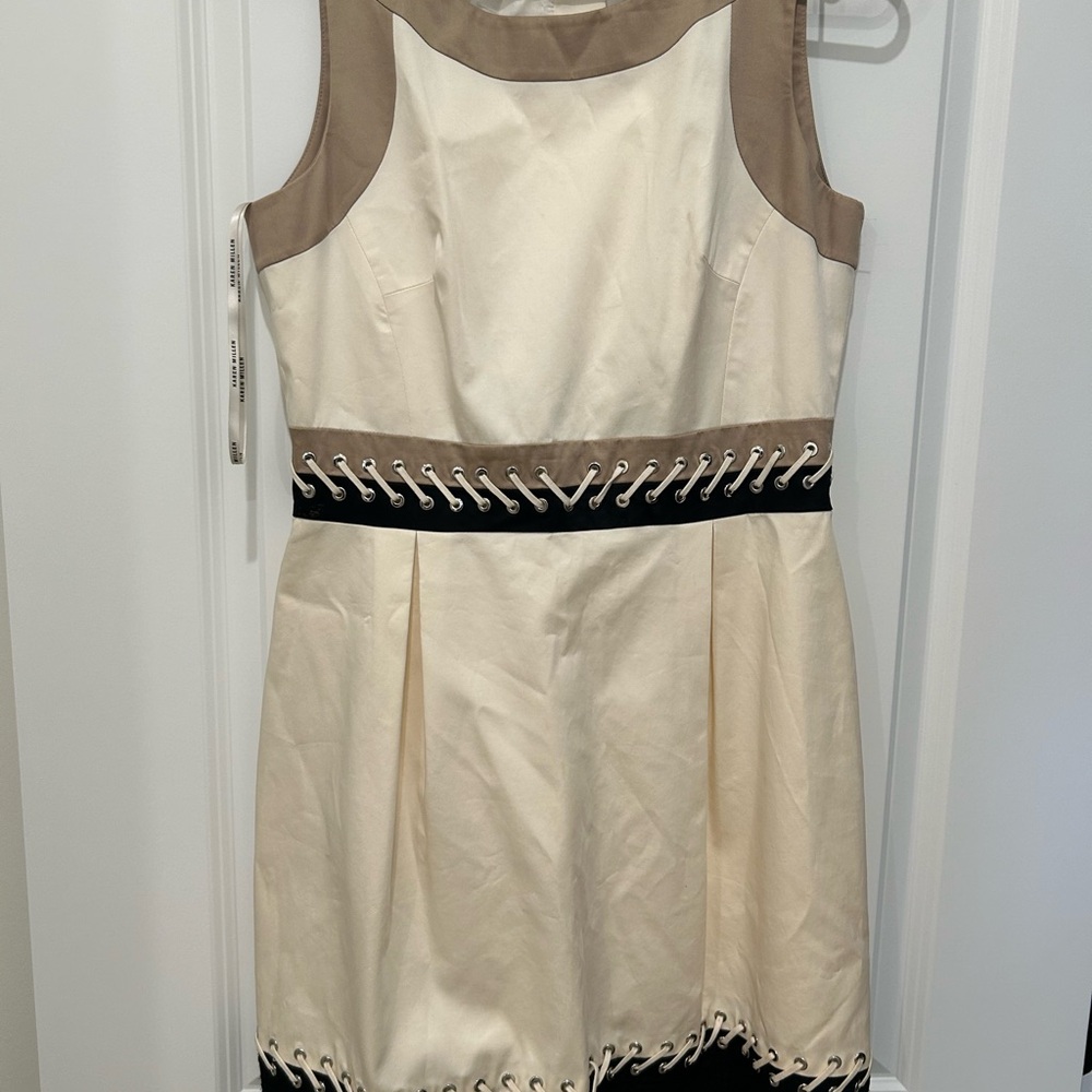 Cream and Tan Sleeveless Dress with Black Accents